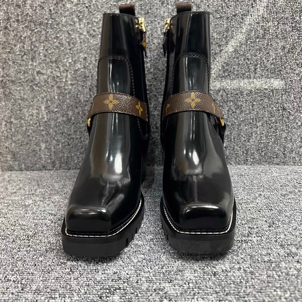 Glossy Black Ankle Boots with Brown Strap
